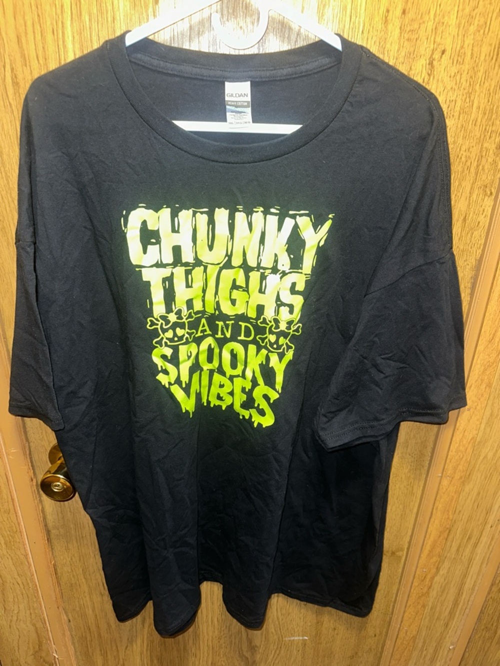 Custom Black T‑Shirt with Neon Yellow Graphic “Chunky Thighs and Spooky Vibes”